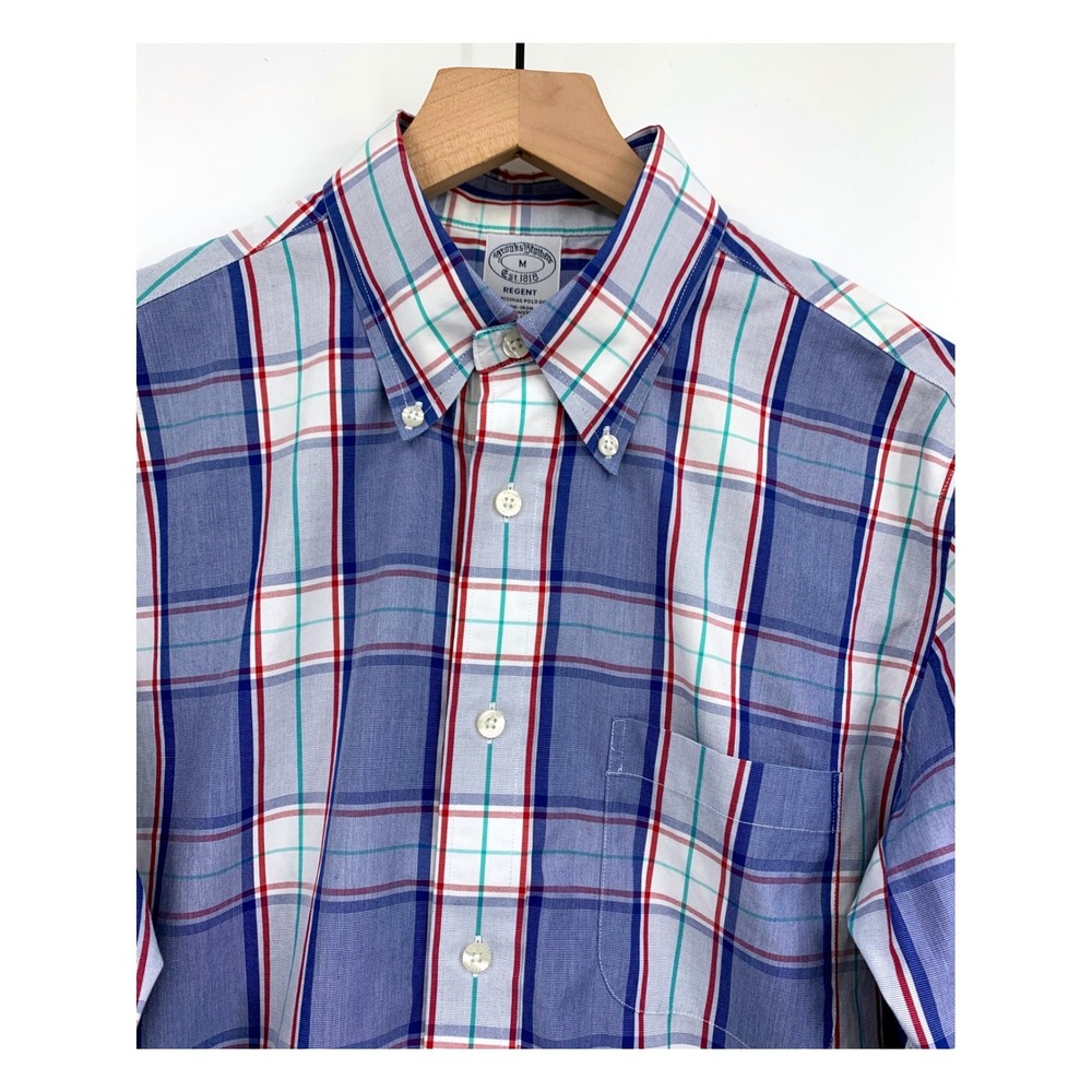 Brooks Brothers Shirt Mens Medium Blue Red Plaid Regent Non-Iron Supima Cotton